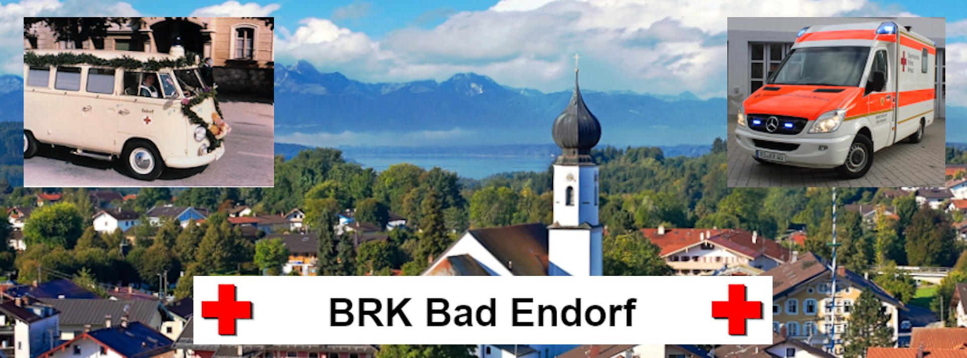 Foto: Bad Endorf, im Hintergrund der Simsee. Ein Sanka aus den Anfängen des BRK und das aktuelle Fahrzeug